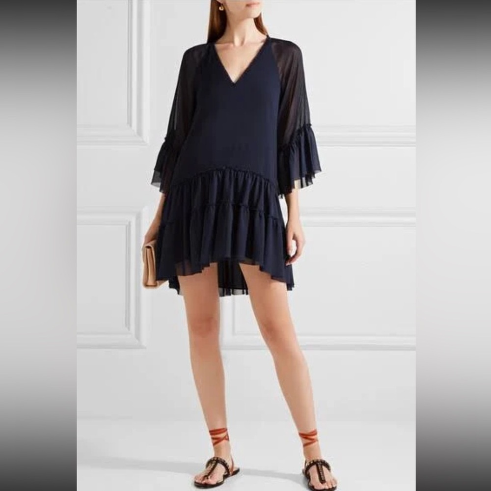 Alice + Olivia Ruffle Tiered Dress V-neck XS navy blue
